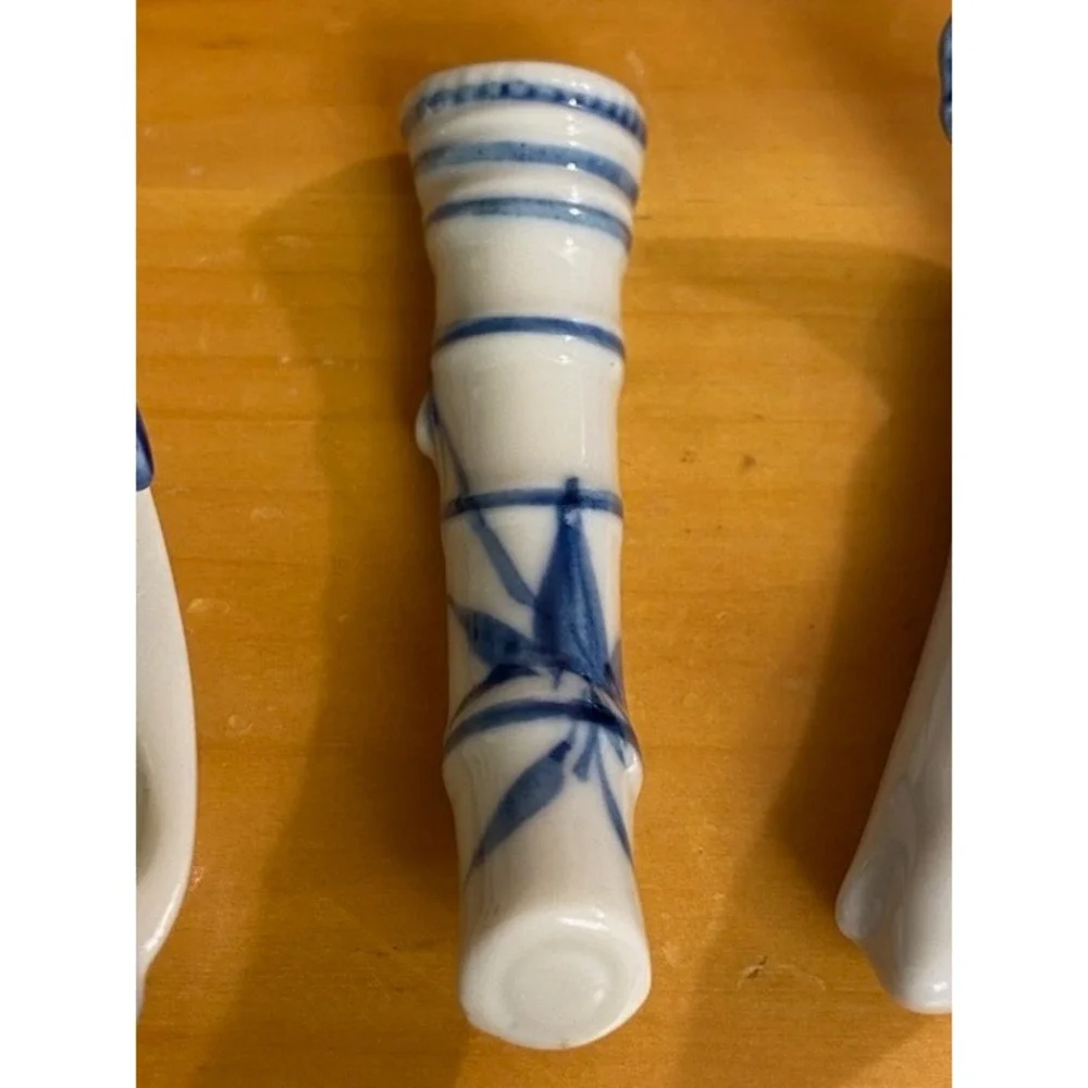 Vintage Chopstick Rest Set 5pc Blue White Porcelain Rabbit Radish Bamboo Boat